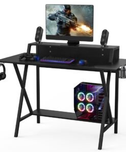 X- Shaped Ergonomic Gaming Computer Desk with Cup Holder and Monitor Riser