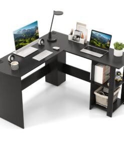 L-Shaped Computer Desk with  2-Tier Open Shelves