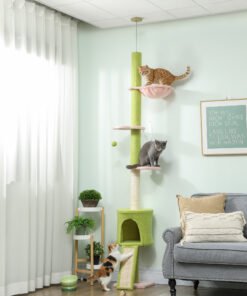 PawHut 220-240 cm Floor to Ceiling Cat Tree Adjustable Height with Hammock, Condo, Scratching Posts, Green