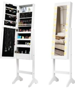 Standing Jewellery Organiser Cabinet with Adjustable Mirror 18 LEDs-White