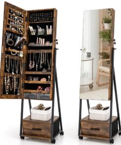 Mobile Standing Lockable Jewelry Cabinet with Full Length Mirror-Coffee