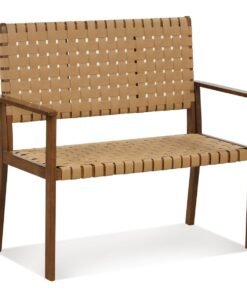 Outdoor All Weather Bench with Solid Rubber Wood Frame and Hand Woven PU Leather-Natural