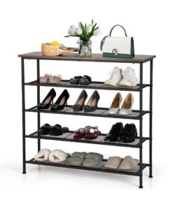 5-Tier Shoe Storage Rack with Metal Mesh Shelves and Wooden Top-Brown