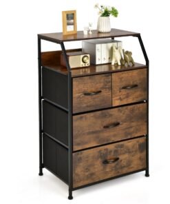 Free Standing Floor Storage Chest with Steel Frame and Fabric Bins-Brown