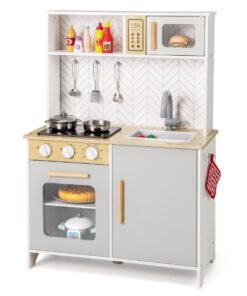 Kids Kitchen Playset with Lights and Sounds Stove Oven Sink Faucet Microwave-White