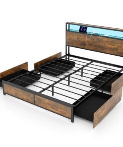 5 Feet King Size Metal Bed Frame with RGB LED Lights and Charging Station