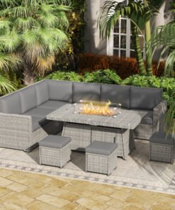 Outsunny Seven-Piece Firepit Table Rattan Sofa Set - Grey