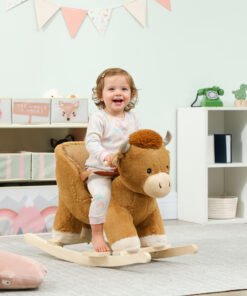 AIYAPLAY Baby Rocking Horse with Safety Belt, Wood Base, Animal Rocker for Children, Brown
