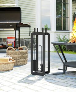 Outsunny 5 Pieces Fireplace Companion Set, Metal Fireplace Accessories Fireside Companion Set with Brush, Shovel, Poker, A Pair of Tongs, Stand, Black