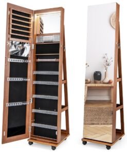 Lockable Jewelry Cabinet Armoire with Built-in Makeup Mirror and 3-Color LED Lights-Brown