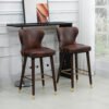HOMCOM Bar Stools Set of 2, PU Leather Barstools with Back, Footrest and Wood Legs for Kitchen, Counter, Breakfast Bar, Brown