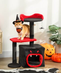 PawHut Cat Tree, Gothic Cat Tower with Scratching Posts, Cute Condo, Coffin Platform, Bed and Spider Toy, Halloween