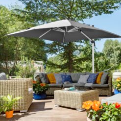 Outsunny 3 x 3(m) Cantilever Roma Parasol, Square Garden Umbrella with Cross Base, Crank Handle, Tilt, 360 Rotation and Aluminium Frame, Grey