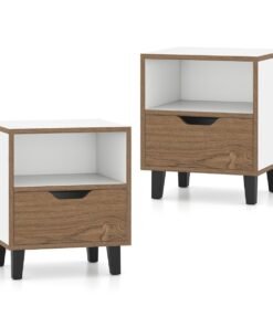 Mid Century Modern Nightstand Set of 2 with Drawer and Open storage Shelf-White