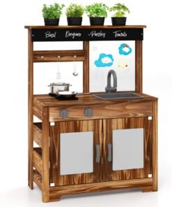 Mud Kitchen Fir Wood Play Kitchen with Planting Pots and Removable Sink-Brown