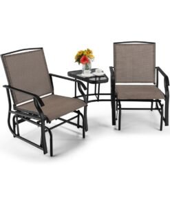 Outdoor Double Swing Glider Chair Set with Table and Umbrella Hole-Brown