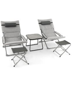 5 Piece Patio Sling Chair Set with Ottoman and Coffee Table-Grey