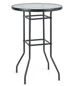 Patio Bar Table with Tempered Glass Tabletop and Heavy-duty Metal Frame