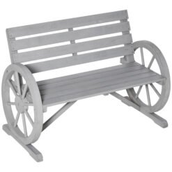 Outsunny Wooden Cart Wagon Wheel 2 Seater Garden Bench Outdoor Garden Armrest Chair Rustic High Back Loveseat Grey