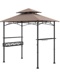 Outdoor Grill Gazebo Double Tiered BBQ Canopy Tent with 2 Side Shelves-Brown