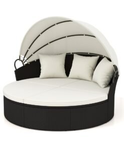 Outdoor Patio Round Daybed with Retractable Canopy and Cushions and Throw Pillows-White