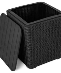 Outdoor Resin Storage Side Table with Removable Lid and Wicker-woven Accent-Black