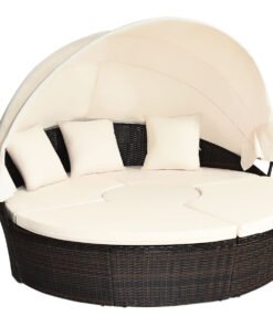 Outdoor Round Daybed with Waterproof Removable Cushions and Height Adjustable Coffee Table-White