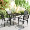 Outsunny 94 x 94 cm Garden Table with Parasol Hole, Outdoor Dining Garden Table for Four with Slatted Metal Plate Top, Black