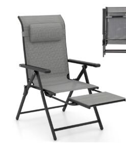 Folding Patio Chair with 10-Level Adjustable Backrest and Armrests-Grey