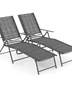 Patio Folding Chaise Lounge Chairs with 6-Level Backrest and Solid Metal Frame-Grey
