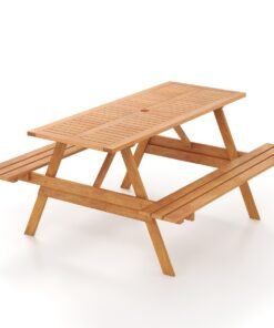 Patio Rectangle Picnic Table with 2 Built-in Benches for Backyard Garden Deck