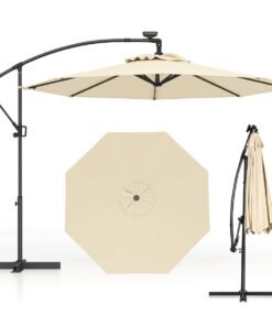 Patio Umbrella Solar LED Cantilever Umbrella with Tilt Adjustment-Beige