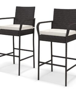 Patio Wicker Barstools Set of 2 with Armrests and Soft Cushions-2 Pack