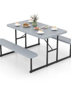 Outdoor Rectangular Camping Dining Table and 2 Benches with Umbrella Hole-Grey