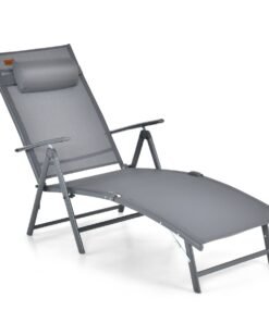 Portable Reclining Chair with 7 Adjustable Position Backrest and Handrail-Grey