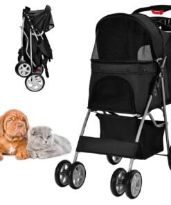 4-Wheel Folding Pet Stroller with Storage Basket and Adjustable Canopy-Black