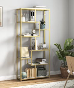 HOMCOM Seven-Tier Geometric Bookcase - White/Gold Tone