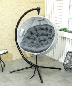 Outsunny Hanging Egg Chair Outdoor Indoor Garden Swing Chair with Folding Basket, Thickened Cushion, Cup Holder for Patio, Balcony, Grey