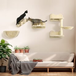 PawHut 4PCs Wall-Mounted Cat Shelves w/ Scratching Post, Hammock, Nest - Beige
