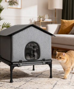 PawHut Outdoor Cat House, Waterproof Insulated Cat Kennel with Elevated Base, Foldable Feral Kitty Shelter for Kittens, Grey