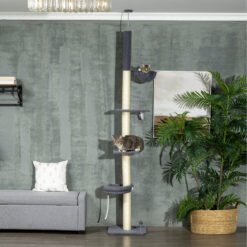 PawHut 240-270cm Floor-To-Ceiling Cat Tree, 5 Tier Cat Climbing Tower, with Bed, Hammock, Platforms, Dark Grey and Cream