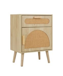 Rattan Nightstand Boho Bedside Table with Rattan-decorated Door-Natural