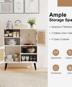 Rattan Sideboard Buffet Cabinet with 4 Cubbies and 2 Rattan-decorated Doors-White