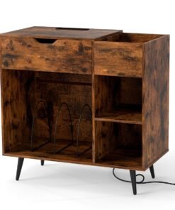 Record Player Stand with Built-In Power Strip and 3 Dividers-Rustic Brown