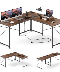 Reversible L-Shaped Desk with Built-in Power Strip and Removable Host Stand-Brown