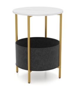 Round End Table for Small Space with Removable Fabric Basket and Metal Frame-White
