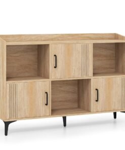 Sideboard Storage Cabinet Bookcase with 3 Doors and Open Compartments -Oak