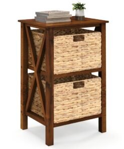Sofa Side Table with Seagrass Baskets and Rubber Wood X-Shaped Frames and Acacia Wood Legs-Rustic Brown-2-Tier