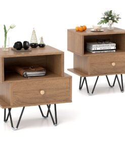 Mid Century Modern End Tables Set of 2 with Removable Drawer-Natural