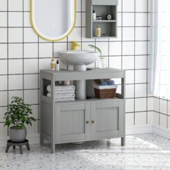 kleankin Pedestal Under Sink Cabinet with Double Doors, Modern Bathroom Vanity Storage Unit with Shelves, Light Grey